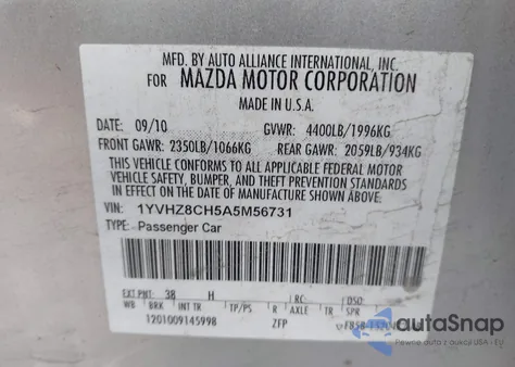 2010 Mazda Mazda 6 Cooper from USA, damaged, VIN 1YZHZHZH5A5M56731
